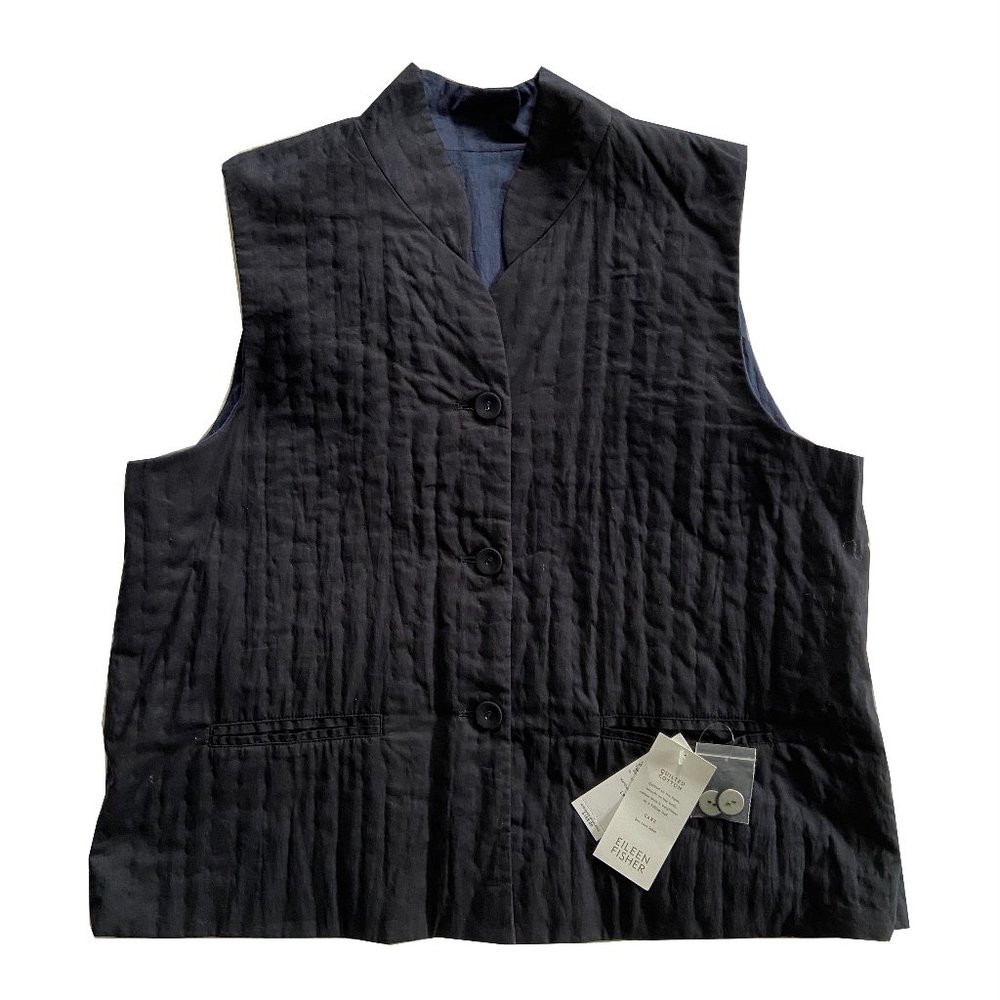 Eileen Fisher Black/Navy Quilted Cotton Vest REVERSIBLE Size Large NWT